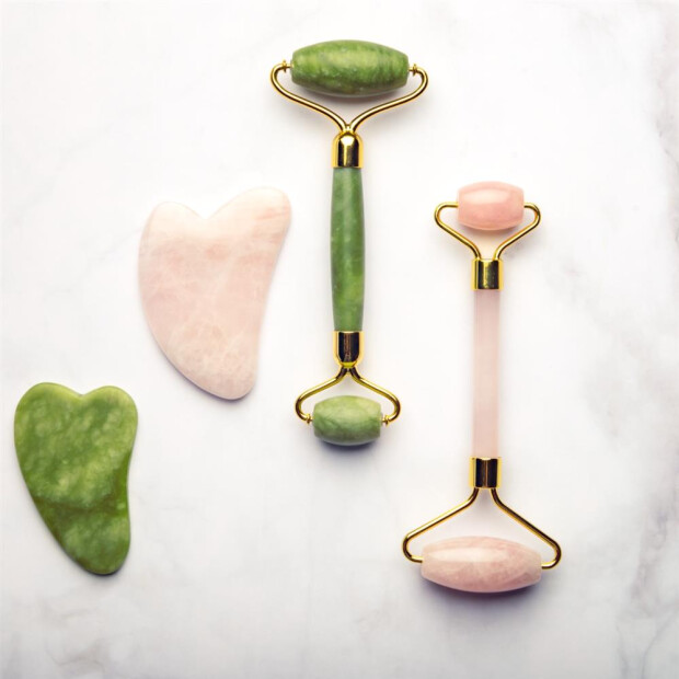 Therastar® Jade/Rose Quartz Roller & Gua Sha Stone Set
